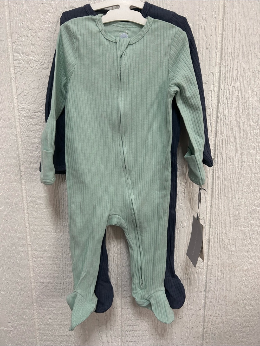 cloud island Ribbed Footed One-Piece Set in Sage and Navy